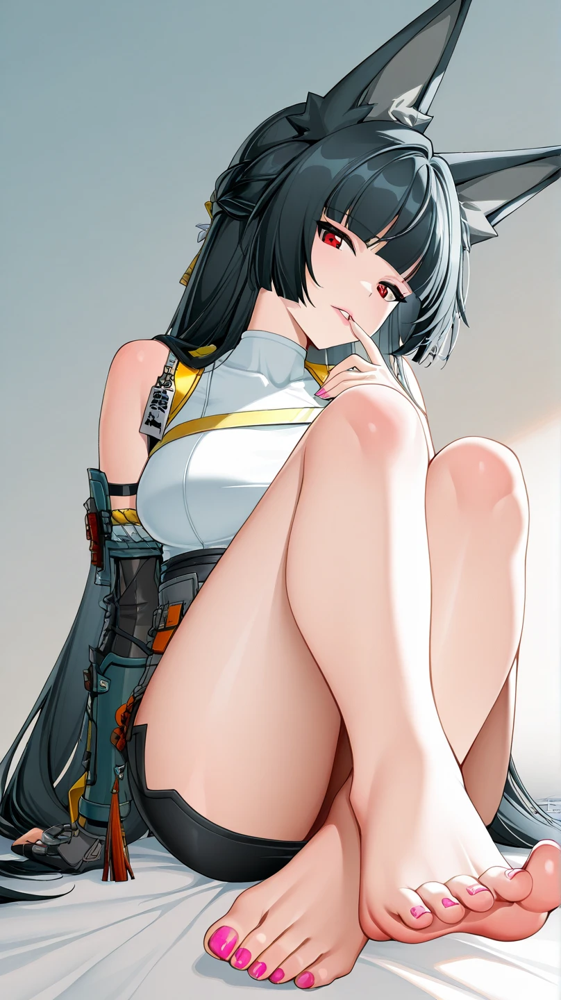 1girl, 18 year old female, Arknights, Texas, anime style, ultra realistic, high detail, sexy pose, sexy, beautiful, exposed skin, slender, exposed breast, medium breast, nipples, nude, moon, stars, absurdres, high res, ultrasharp, 8K, UHD, retina, masterpiece, accurate, anatomically correct, perfect anatomy, textured skin, super detail, high details, high quality, award winning, best quality, high res, looking at viewer, detailed eyes, four fingers and one thumb per hand, perfect hands, perfect finger, two arms only, black hair, red/orange eyes, thigh band, no clothes, wolf tail