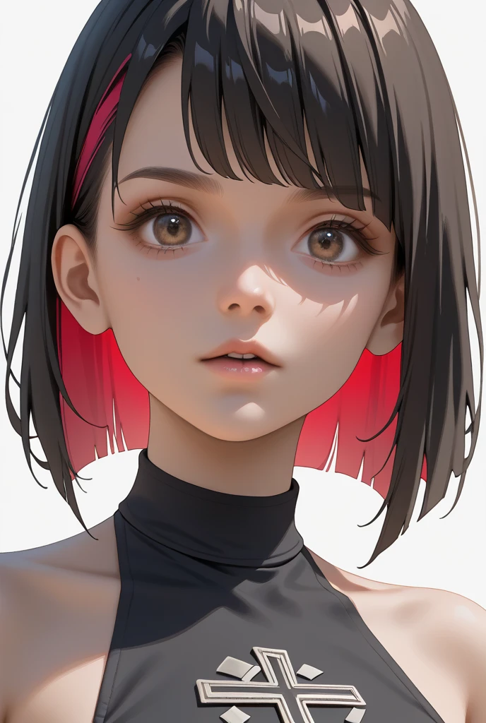 girl with、(Face Details:1.2)、masterpiece、a short bob、Brown eyes、super precision、top-quality、Top image quality、Ultra-precise depiction、8K picture quality、simple background、off shoulders、High neck bikini、Summer sky、High neck bikini、