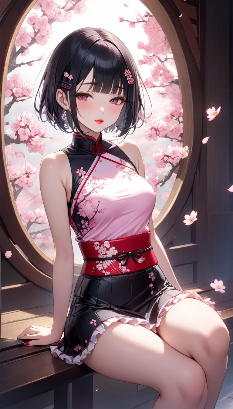 female dancer, silk cheongsam, small breast, perfect body shape, mage, sakura pattern, holding old umbrella, wind effect, wet, smugging face, nipple, scraft, under