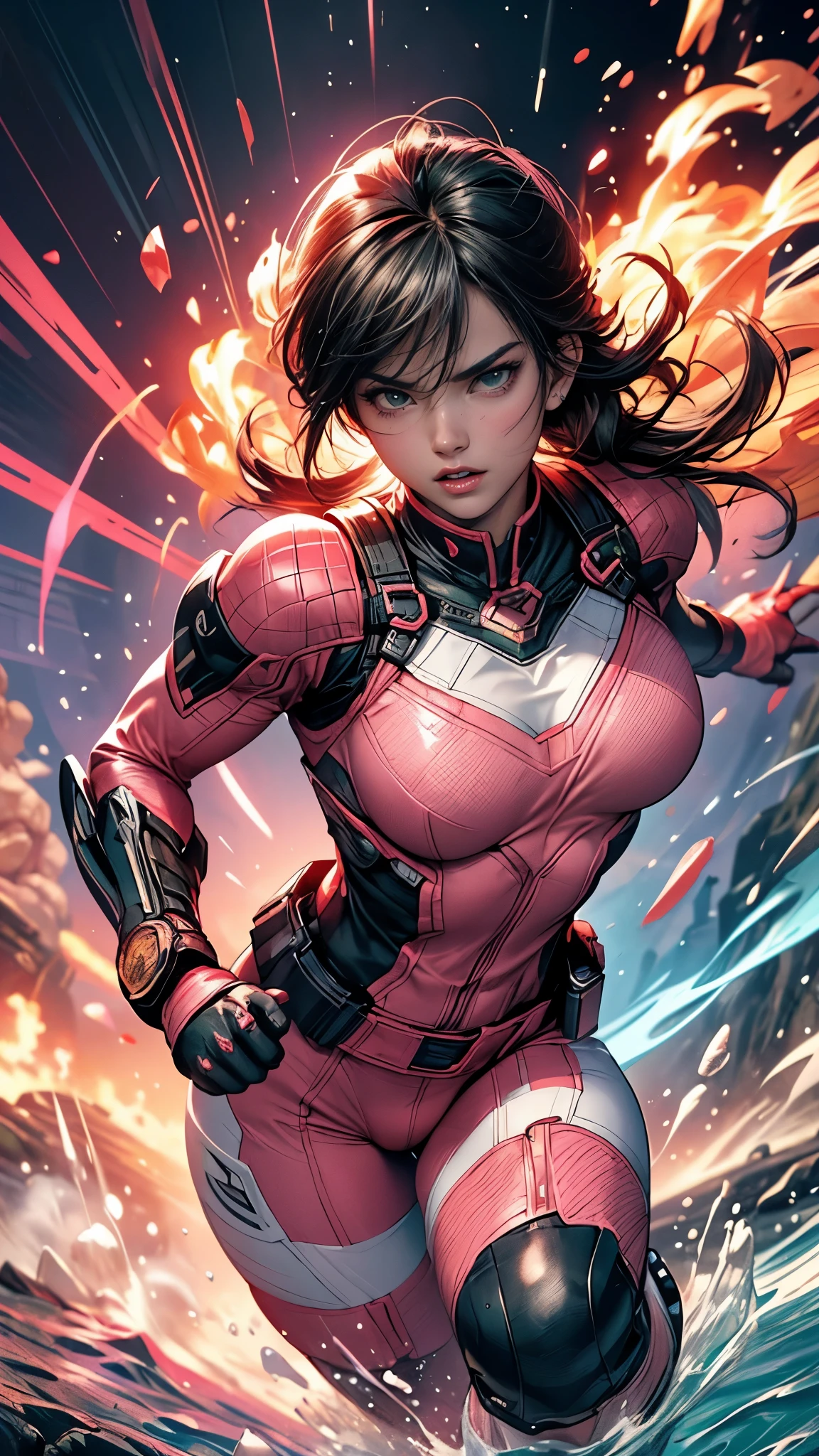 a beautiful girl with long black hair, detailed realistic face, intense gaze, wearing a red iron man style futuristic bodysuit, skin-tight and revealing, in a dynamic action pose, highly detailed, photorealistic, 8k, cinematic lighting, dramatic shadows, vibrant colors, artstation, concept art style