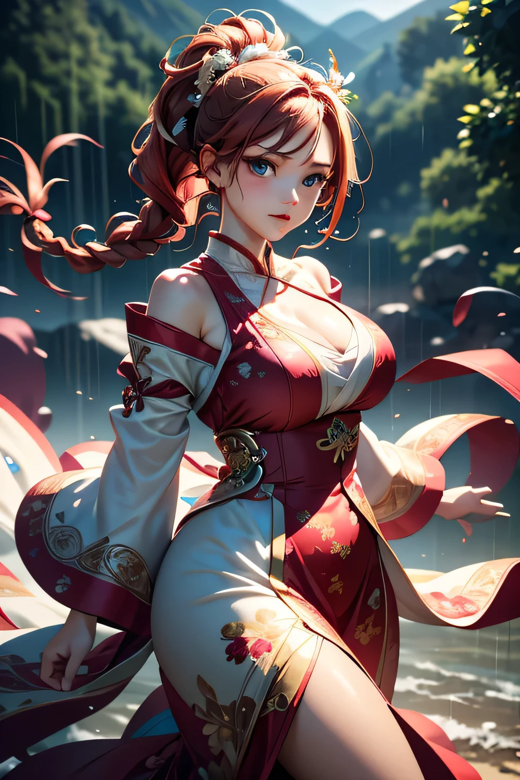 a beautiful detailed girl with long red hair, blue eyes, detailed facial features, wearing a tight-fitting red and white chinese dress with small kyuubi designs, holding a glowing red energy orb in her right hand, surrounded by sakura petals, aura of the nine-tailed fox, 8k, highly detailed, photorealistic, professional digital art, masterpiece, cinematic lighting, vibrant colors, organic textures