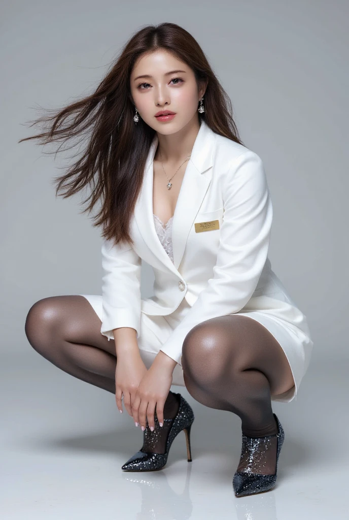Close-up of a woman in a white suit and high heels, cute elegant pose, full body photograph, Gorgeous young Korean woman, taken in 2 0 2 0, Short skirts and long jackets, attractive pose, wearing white clothes, smooth white tight clothes suit, Girl in a suit, female actress from korea, s whole body! Pretty face, Sexy Pose