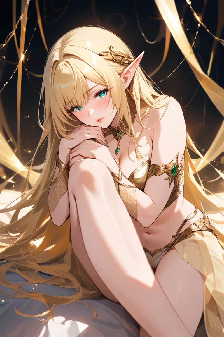 (masutepiece:1.5), the Extremely Detailed CG Unity 8K Wallpapers,Vivid colors,(Realistic,Photorealsitic,hyper realisitic:1.5),(Curve,Model,glamor:1.5),Beautiful breasts,Farbe_aberration,beautiful detailed shadow,Beautiful eyes,Beautiful body,Beautiful skin,beautifull hands,(Large breasts:1.5),(Large_breasts:1.5),(a blond:1.5),(Blonde hair:1.4),Seductive smile, (parted_Lips),Hanging,(White bed,White luxury bedroom,White sheets:1.4),(White ribbon on the head:1.3),(Long hair, Ponytail:1.5),Attractive thighs,well-shaped thighs,green colored eyes,(Light green underwear:1.4),(See-through:1.5),( Standing:1.3),(gorgeous sexy underwear,Exquisite cloth,Ren Hao,Lace-trimmed bra,Lace-trimmed legwear:1.4),(delicate patterns,intricate detailes:1.4),red blush,shinny skin,(Tiny panties:1.5),parted_Lips, white_thighs thighs thighs thighs,(naughty expression:1.4),Quality hair、Realistic hair、Shiny hair,(Spread_Legs:1.2),(crosses_Legs),(Stick your crotch out in front of you:1.5),
Anime girl in luxurious underwear sitting on bed, Elf Girl, Seductive Anime Girl, alluring elf princess knight, Cute anime wife in fancy underwear, elf princess, beautiful alluring anime woman, 2. 5 d cgi anime fantasy artwork, elf queen, Very detailed ArtGerm, Detailed Digital Anime Art,