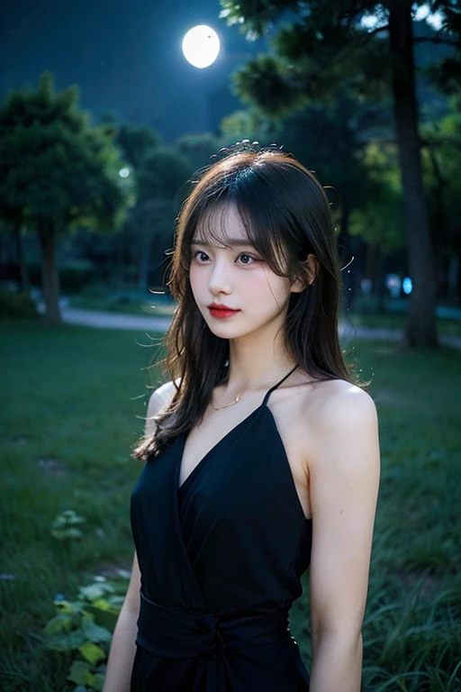 masterpiece, Highest quality,, 1 girl, (colorful),(Beautifully detailed eyes and face),cinematic Lighting,Bust Shot,Highly detailed CG Unity 8K wallpapers,Black Hair,alone,whole body,Big Breasts,smile,White underwear, Night Pool, night, (Dark Theme:1.3), Light, Fantasy,