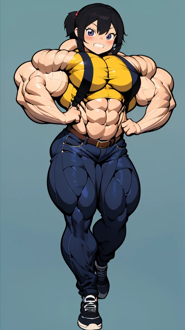 solo standing skintight ((muscular girl perfect anatomy)) toned body massive breasts yellow eyes black hair pale skin