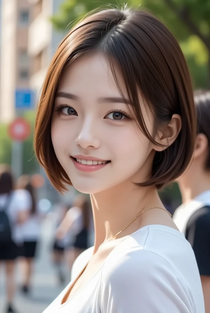 A 19-year-old female college student from an upper-class background、Wearing a black formal dress、Height: 165cm, Japanese Model, Short Layered Hair、Japanese girl, Neat and clean Japan woman, Laughter、smile、Japanese Goddess, Innocence、RAW Photos, (8k、highest quality、masterpiece:1.2)、(Intricate details:1.4)、(Photorealistic:1.4)、Octane Rendering、Complex 3D rendering with ultra-detail, Studio Lighting, Rim Light, Vivid details, Super Detail, Realistic skin texture, Detailed aspect, Beautiful details in the eyes, Highly detailed CG Unity 16k wallpaper, compensate, (Detailed Background:1.2), Glowing Skin、