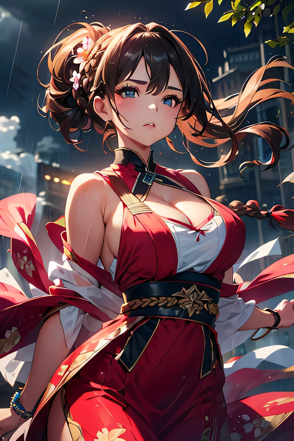 Highest quality, Ultra-high resolution, (Realistic: 1.4), Super beautiful, beautiful, Warrior, Japanese Dance、Eyes that beckon, Mistress's point of view, Attractive look, Sexy smile, Perfect Style, Perfect balance, Detailed skin full body shot, Mischievous Gaze, (Black Hair、ponytail:1.4), Droopy eyes