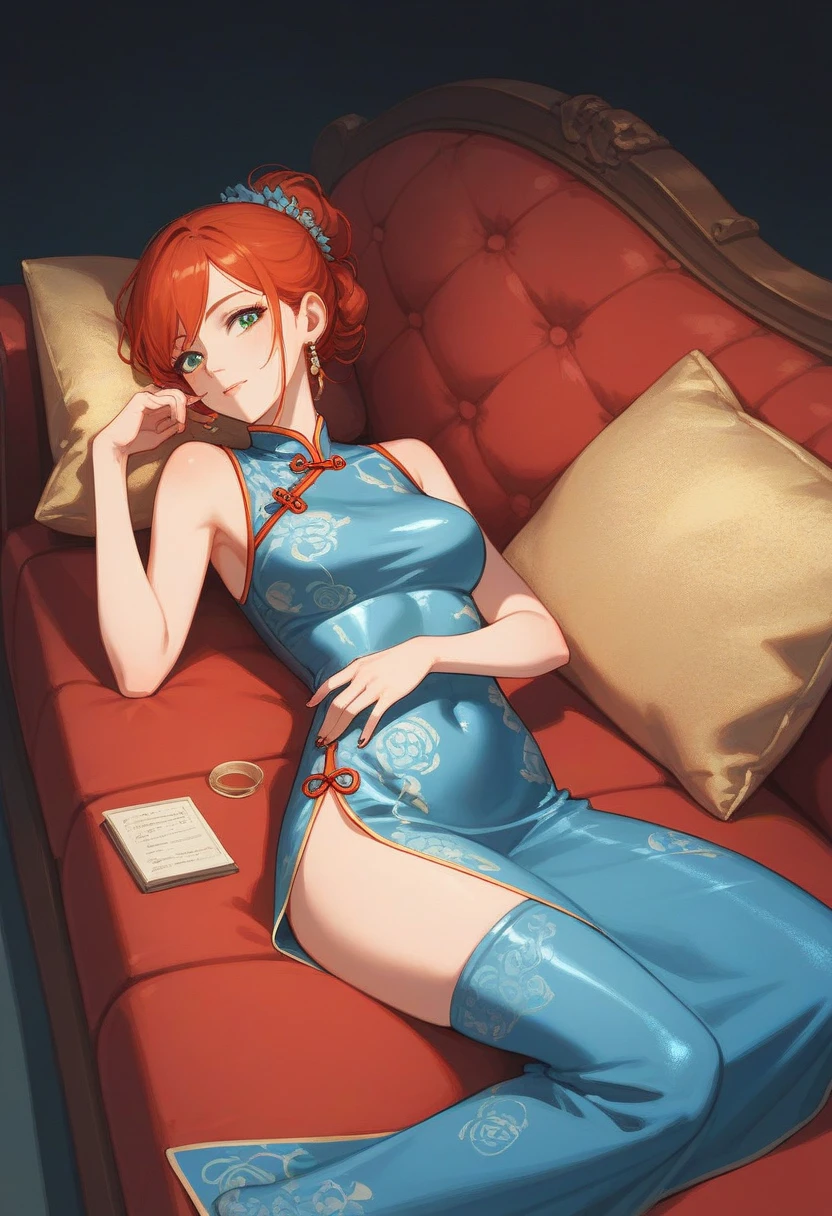 8K, best quality, master piece, ultra-detailed, Super Short Hair、pale red hair、Straight Hair、、double eyelid eyes、Pale blue eyes、 circle earrings、、small breasts、 Arched Back 、From Behind、 Midnight、cat cosplay、Bed
