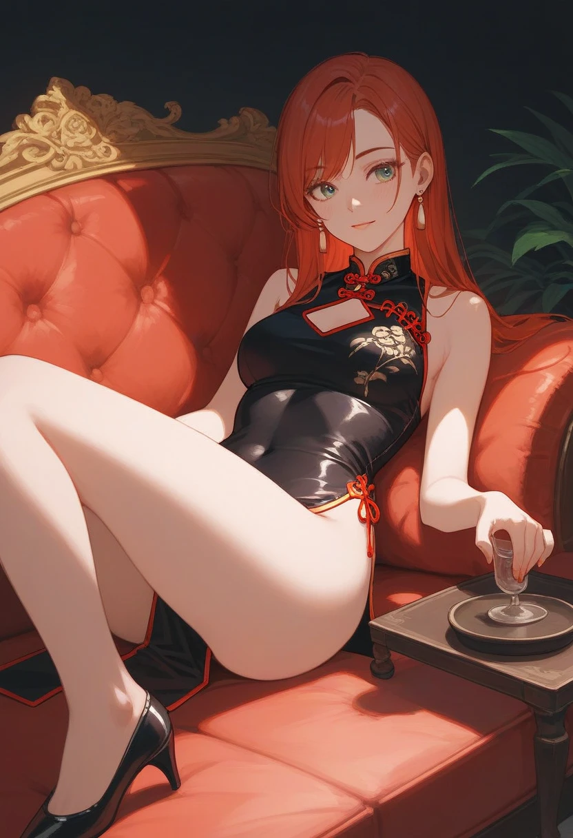 Cool beauty,Looks sweet,bob curls hairstyle, (wearing furry red cloak, off-shoulders, show cleavage), red lipstick, wearing round black glasses, show big thigh, huge breast, full body photo, sitting on the sofa. Dark background, in a chinese karaoke room
