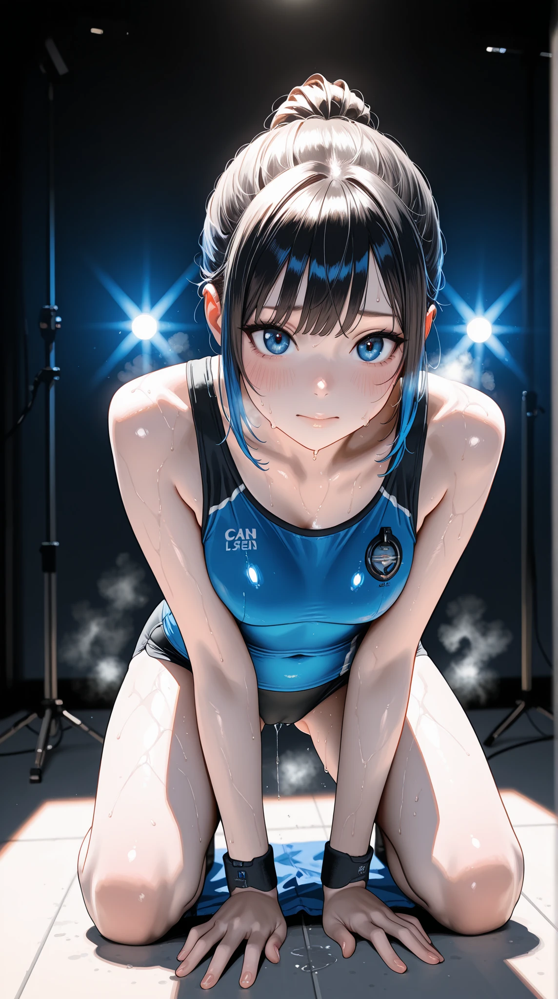 nsfw,(super fine illustration,8K CG wallpaper,best quality,extremely detailed,ultra high res,best aesthetic),(cowboy shot,from front),idolmaster, {{{haruna Kamijo}}}, (20yo, beautiful girl), (beautiful brown eyes),((beautiful black hair)), ((short hair)), (((bule rim glasses))), (wet hair), (wet skin), ((sweat)), (steam), (flat chests,midium breasts), (tall), (slender), (((bule cyber suit))),((open clothes)), ((pubes-hair:1.6)),((on stage)), ((((spread legs)))),((spread pussy:1.3)),(open mouths), (a big smile), (stick out tongue),(feel good), (one eye closed),(blush),(singing),((microphone)),((bule headset)),(cum on body:1.1),ass,