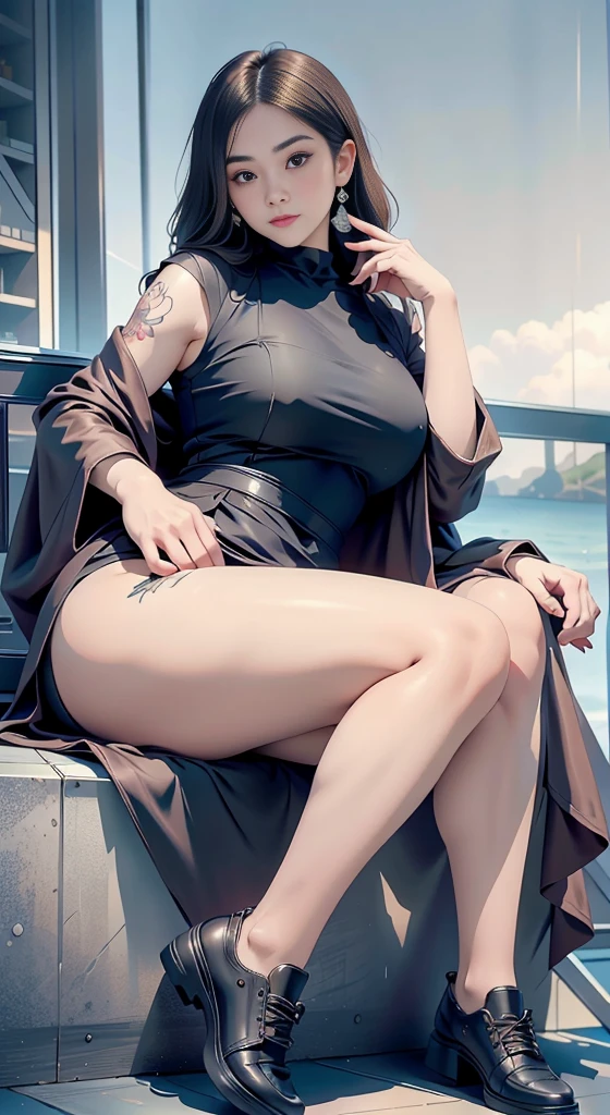 (Practical:1.5),(RAW photos:1.4), (Reality:1.3),(masterpiece), best quality, best quality, extremely detailed CG unity 8K wallpaper, Complex details, The original,high resolution, [:(Delicate face:1.2):0.2],Film Grain, Fuji XT3, (High Detail Skin:0.9), 8K,(ulzzang-6500:0.9), balcony, Rock Show!!, A faint smile, cleveage, Detailed gradient background, whole body, Sunlight,slim,Very beautiful dress,Beautiful hand shape, whole body