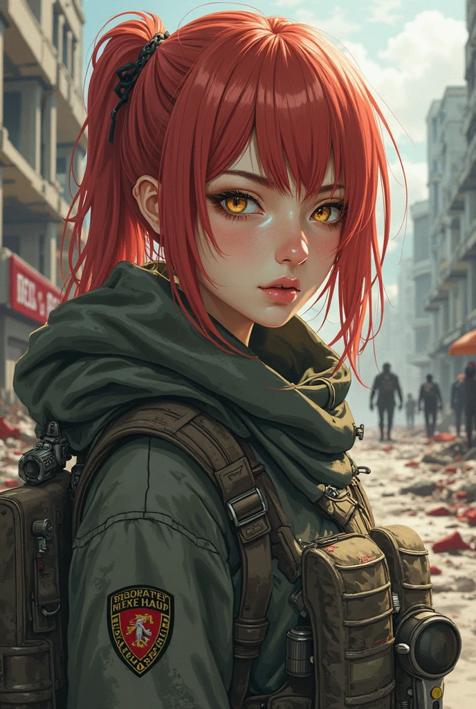 ultra-detailed,illustration,1girl, beautiful, pretty, a small amount of blood on the face,clear eyes,soldier with red hair holding a submachine gun,battlefield background,red banner,night,sparks and explosions,There are fighter planes flying in the sky