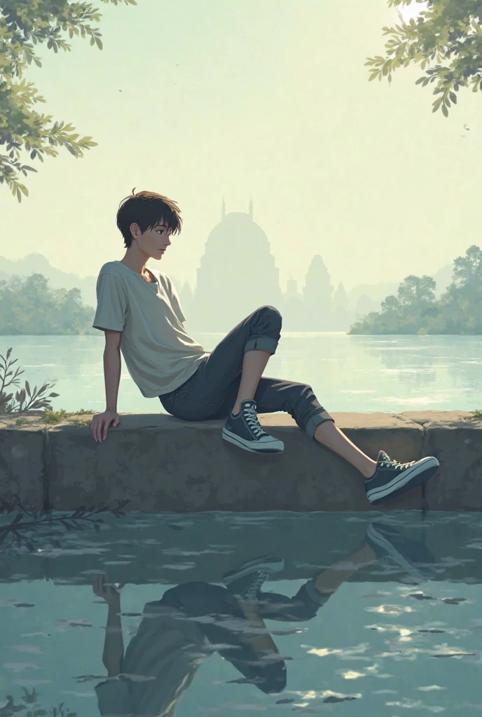 A young guy is sitting with his legs hanging on the watch - SeaArt AI