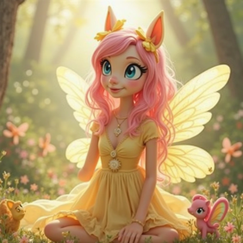 Fluttershy  my little pony humana con cabello rosado y alas. 
