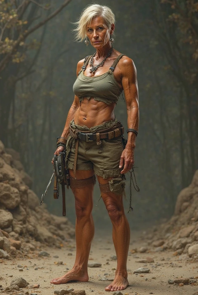 Masterpiece, 62 year old woman, gray hair, fur bikini, holding a spear and wooden shield, wet skin, fit, standing in a field of destroyed robots and machine parts, realistic