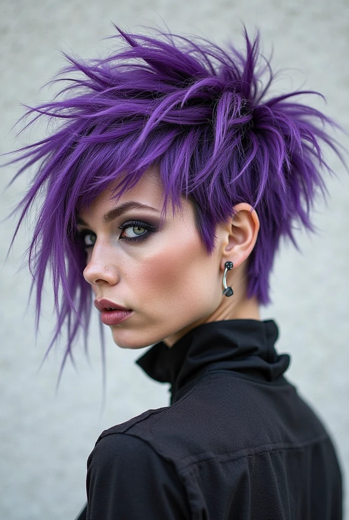 a portrait photograph of a pretty punk female with dark purple hair, beautiful realistic photo, 4 k highly detailed