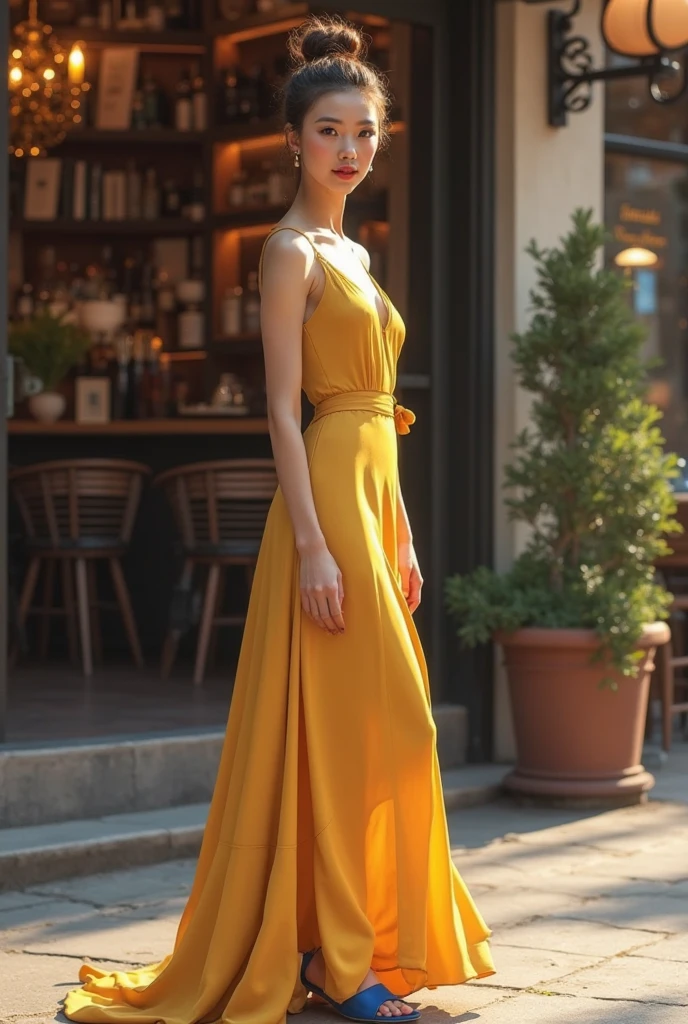 Imagine a captivating female model in her 20s, gracefully strolling amidst the urban landscape with an air of enchantment. With greek-italian descent, her elegant features exude a timeless allure that captivates all who encounter her. As she walks, her yellow hair dances in the wind, adding a touch of warmth and vibrancy to the scene. Dressed in a stunning yellowish-orange dress that billows gently around her, she emanates an aura of elegance and grace that is truly captivating. Her captivating grey eyes sparkle with intrigue, reflecting the vibrant energy of the city around her. Despite the bustling streets, a serene smile graces her lips, radiating a sense of inner peace and tranquility. With each step she takes, she becomes a beacon of beauty amidst the urban chaos, her presence leaving a trail of awe and admiration in her wake. Don't miss out on experiencing the enchanting charm of city serenade captured in this mesmerizing image