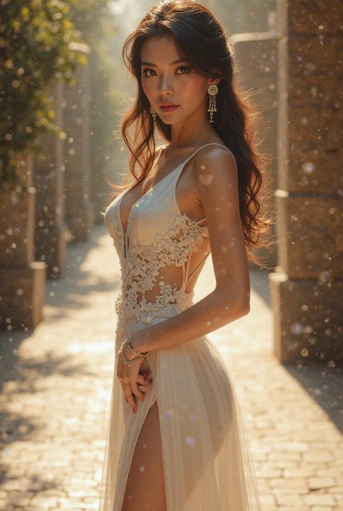  a mesmerizing female model , with (striking:1.3) features, (graceful:1.2) posture, and (confident:1.2) gaze, posing in a (flowing:1.1) gown against a (dramatic:1.2) sunset backdrop, (golden hour:1.1) lighting casting a warm glow, (gentle:1.1) breeze gently tousling her hair, (delicate:1.2) flowers in her hands, (ethereal:1.3) atmosphere, (timeless:1.2) beauty captured by (renowned:1.2) fashion photographer, (insert photographers name), using a (high resolution:1.1) medium format camera, (prime lens:1.2) for exquisite detail and (dreamy:1.1) bokeh, {dark brown hair, long hair, blown hair, [[large breasts]], medium breasts, purple eyes}, wet, {sweat} , bedroom