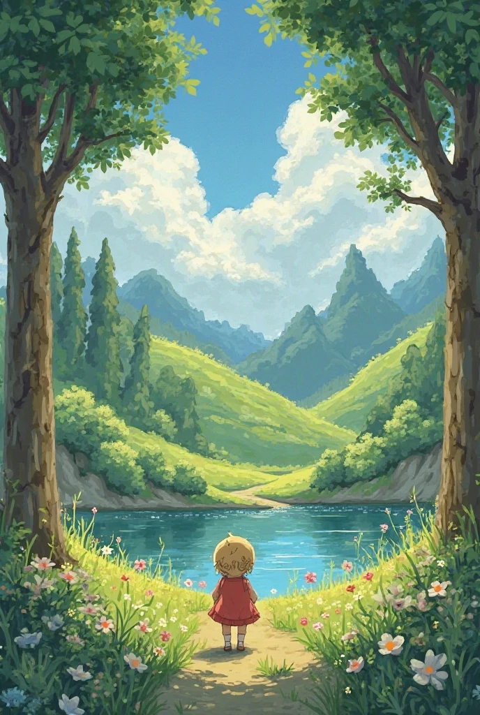 a summer landscape of a cherry tree with a blonde ninja boy with curly mullet hair,sitting below watching a crystal clear river 