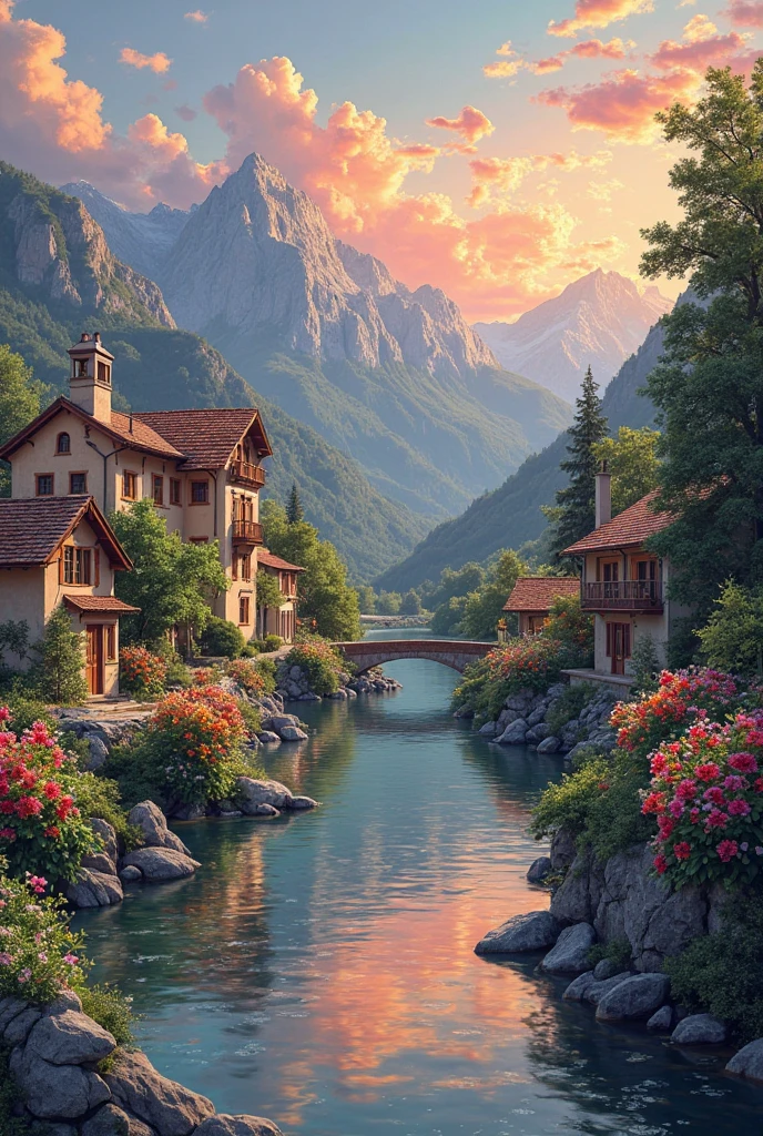 A small riverside village, mountains in the background, colorful ...