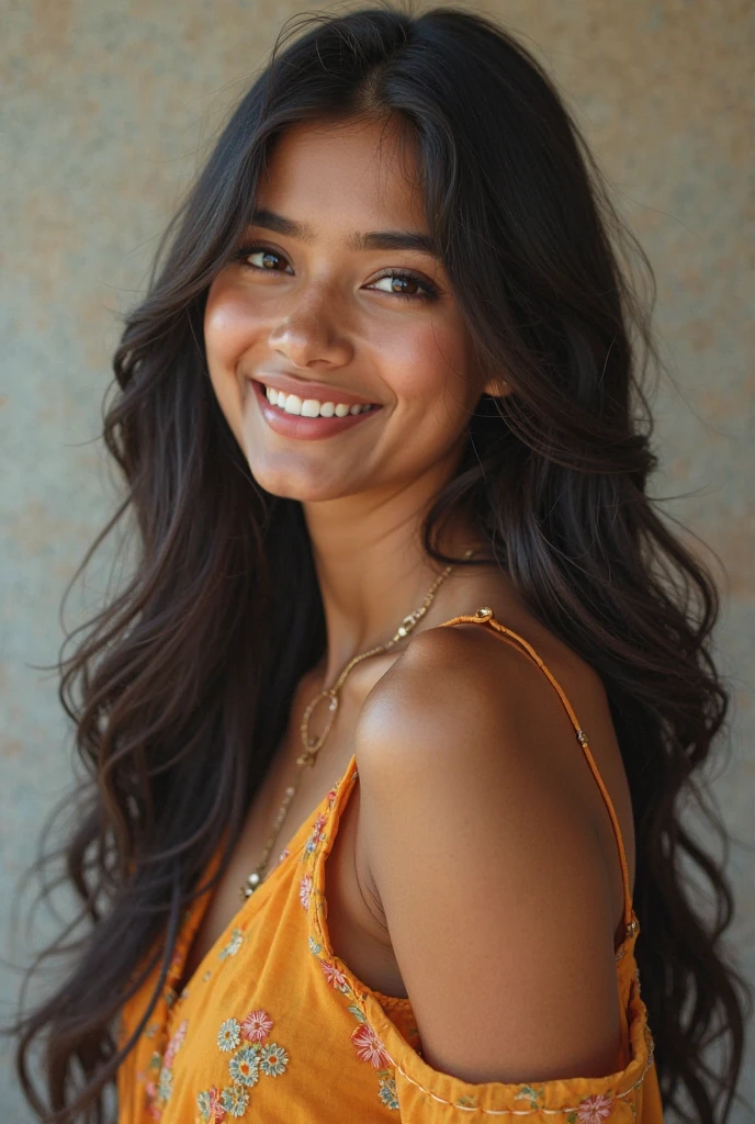 Generate a high-contrast, professional image of a Spanish woman with a spotless face, big chest, and high-waisted dress. Her colorful outfit should be attractive and new in design. Capture her with detailed hands, wavy hair, and lively eyes, looking at the camera.