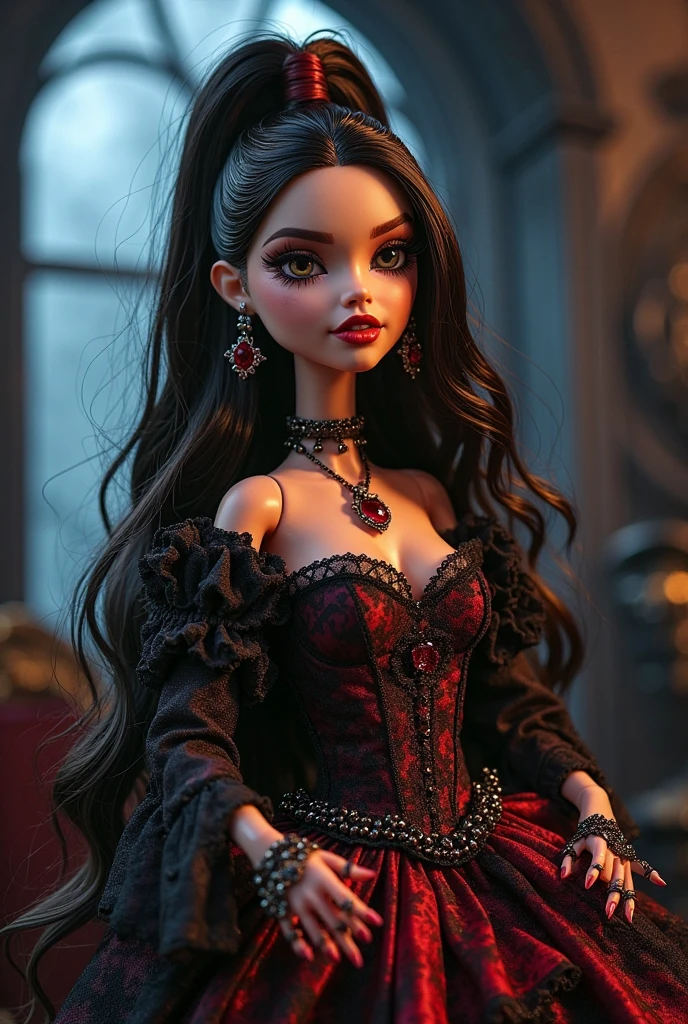 Full body shot Camila Cabello catwoman, ringlets wavy five feet long red hair, updo hairstyle with ponytail on one side and long hairpins holding the bun long braid, strong thighs, dark red glossy lips, heavy black eye shadow long black eyeliner, long sharp claws, black lace beautiful and creative catwoman bodysuit with no jewels, huge cleavage, clear ears no earrings, no earrings, no earrings, no earrings, no jewels, beautiful forehead lace ornament, posing in a feminine catwoman den, happy expression, dark ambience night time candle lights. No faces on her chest!