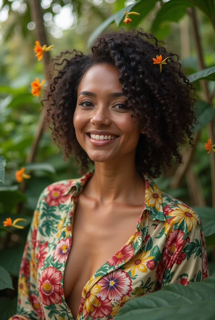 A Brazilian woman in a lush tropical garden, wearing an open shirt with a floral print, with a close-up capturing the harmonious beauty between her breasts and the natural flowers, showing off your natural charm and outgoing personality.