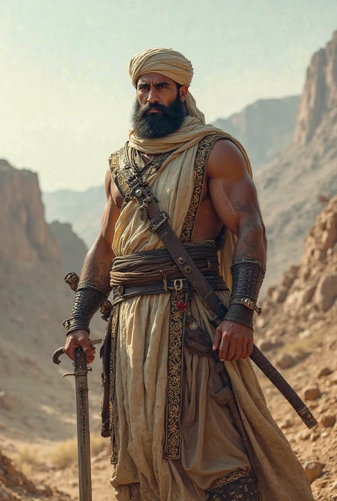 A Muslim Islamic warrior with numerous sword wounds and a bright sword in his hand a green turban on his head and a long green robe and a shield in his hand full body picture