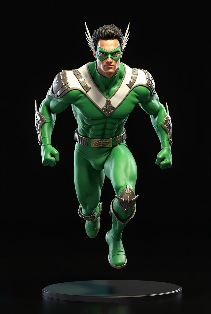 Hero, head covered with insect grasshopper head, green suit, red scarf around neck, green gloves on arms, green boots on legs, kick pose, sky in background, scarf is dominated, large red grasshopper eyes, costume is black rider suit, green protector on chest, green protector on belly,Hero, muscular man, head covered with insect grasshopper head covering, head covered with covering, green suit, red scarf around neck, green gloves on arms, green boots on legs, kick pose, sky in background, scarf is dominated, large red grasshopper eyes, costume is black rider suit, green protector on chest, green protector on belly, full black tights,