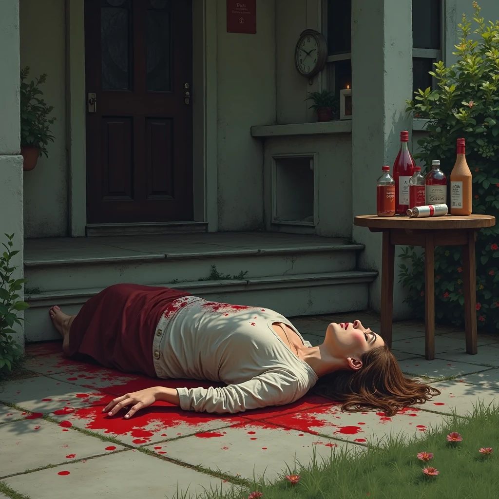 realistic image, in 8k, of a dead man with short black hair, dressed in a light blue button-up blouse, jeans, lying on a sidewalk, dead and covered in blood