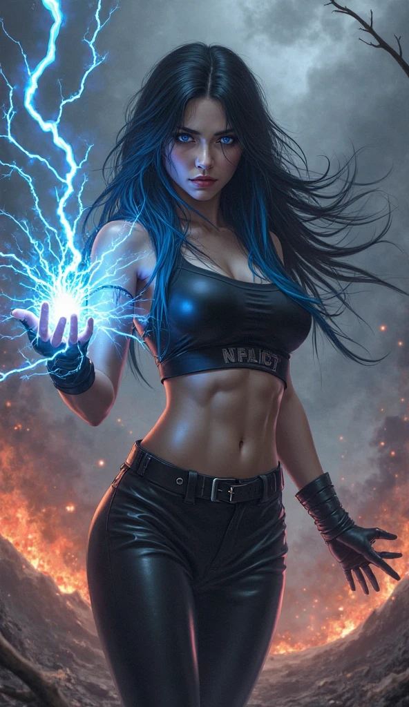 Blue alien, super strong muscular, busty, huge breasts, strong biceps, strong abs, bursting in strength, large hips, alien face, horns, elf ears, blue skin, flat nose, alien, completely blue skin
