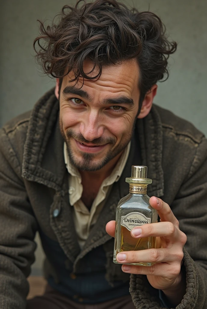 A cheerful and drunk man in a hat smiles, sits at the table, on the table there is a bottle of wine, the Middle Ages --auto --s2