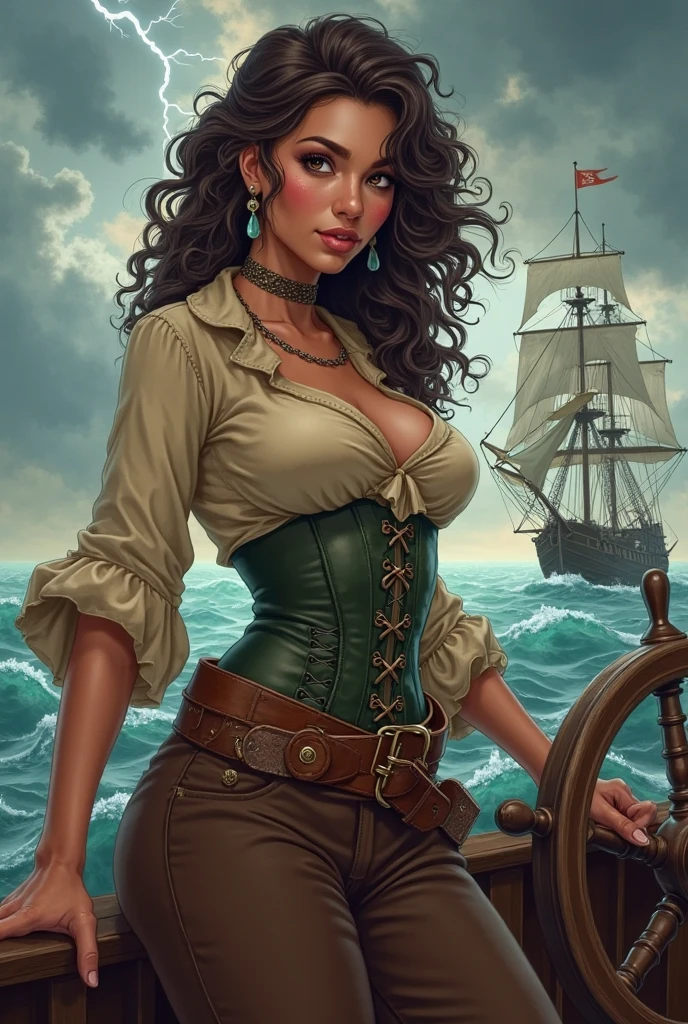 black woman, afrofuturism, sexy, pirate, topless, cleavage, brown leather skirt, corset, far shot