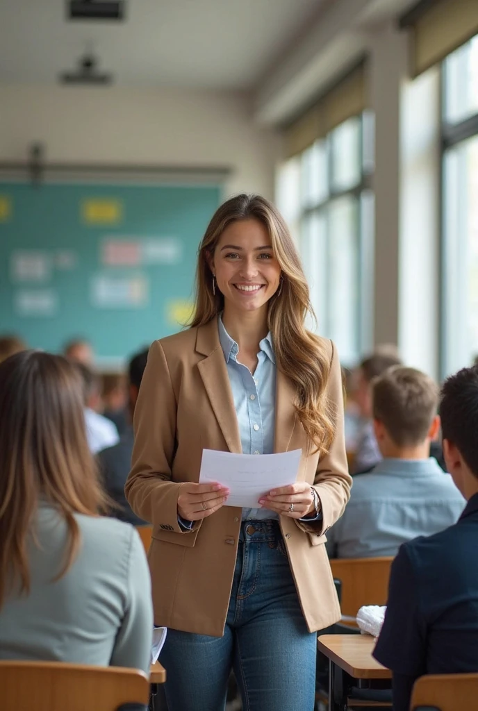 A brunette woman, slim, medium and wavy hair: classroom photo with all students at a university