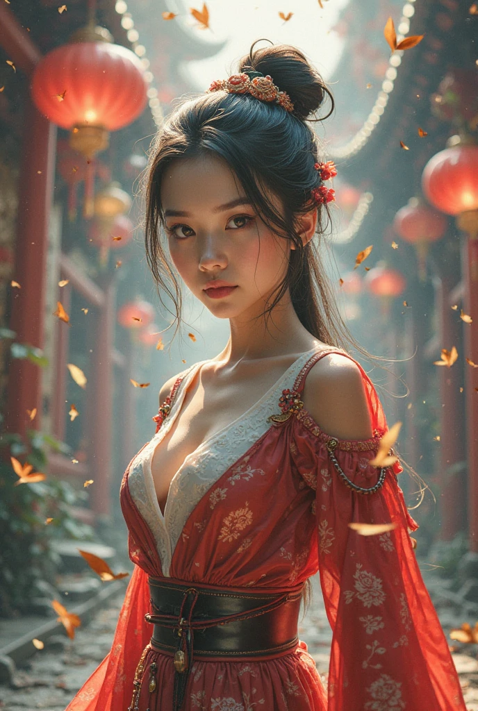 samurai girl,a realism image of a woman with big breast,a woman in a red kimono dress holding a sword in a forest, by Yang J, chengwei pan on artstation, 2. 5 d cgi fantasy artwork, 4k fantasy art, ross tran 8 k, fanart best artstation, alena aenami and artgerm, extremely detailed artgerm, digital fantasy art ), 8k fantasy art