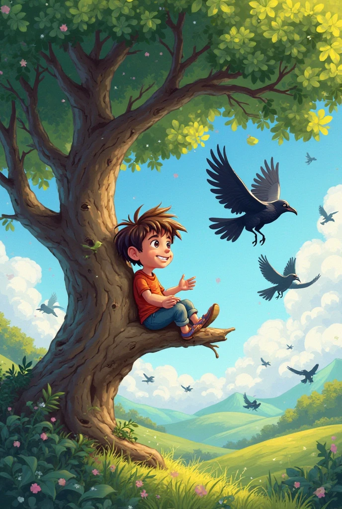 A boy is sitting in a tree and crows are flying in the sky. cartoonish ...