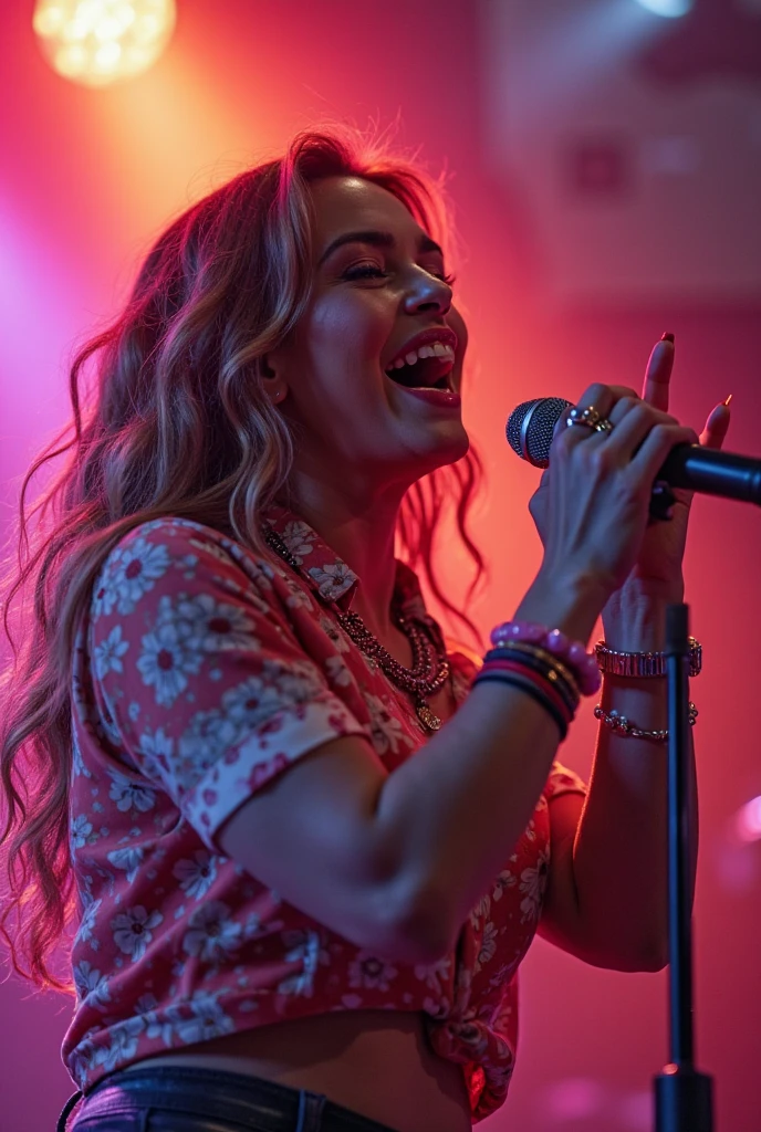 girl, k-pop star, singing, long curly blonde hair