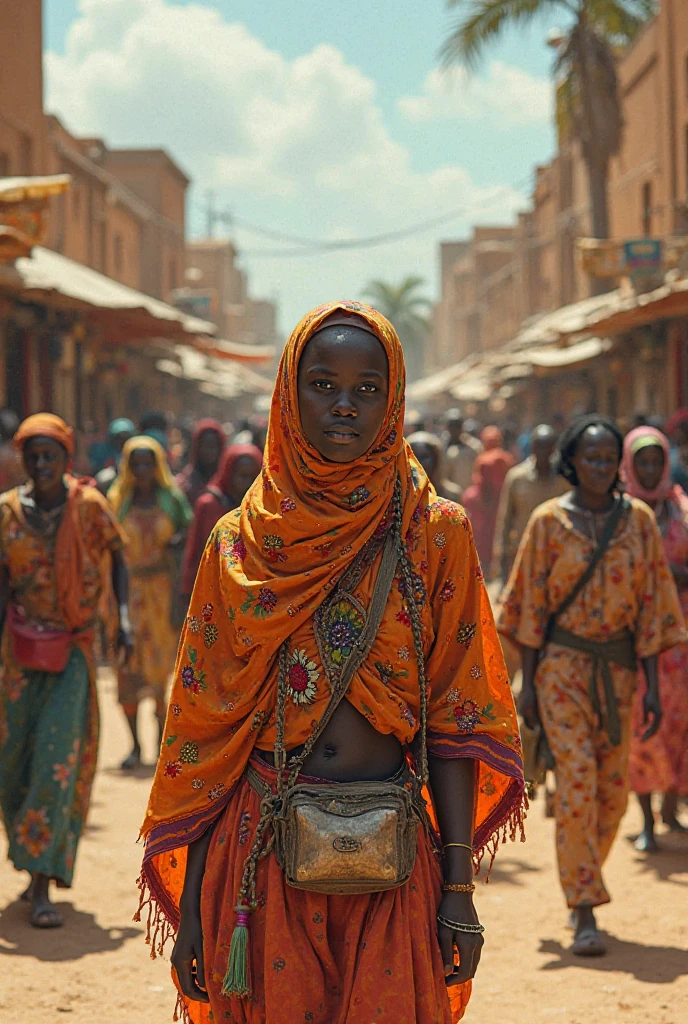 An African young woman walking on a village African road with a basket in hand wearing a long dark robe  in the village market made of huts buying foodstuffs hiding her face
