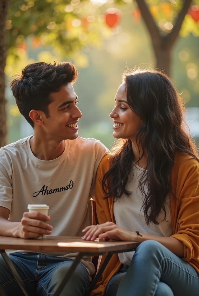 A Brazilian woman, 30years, slicked black hair, white, wearing a pop up print shirt with jeans,  sitting in a flowery square with her husband, vestindo camiseta white, passionate personality 