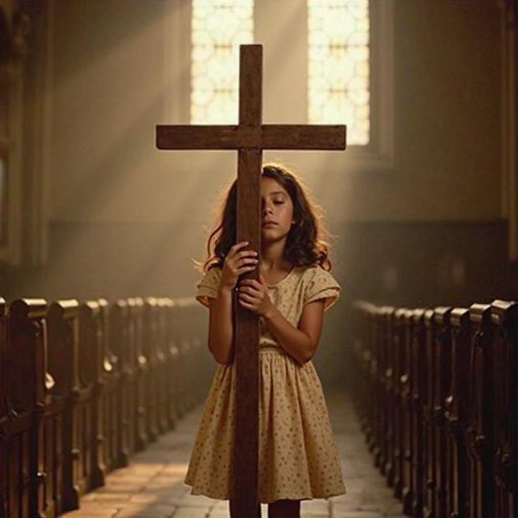 imagem de uma Russian blonde child girl , sentados em um trono, With a cross in his hand, CROSSES IN tHE WALL.