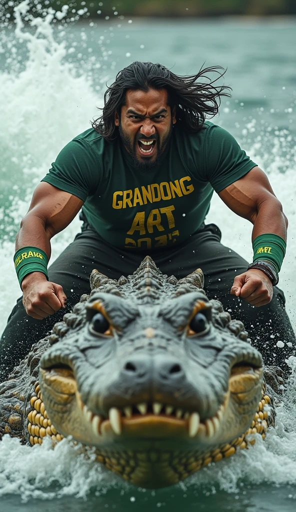 A handsome, muscular Asian man, shirtless, wearing tiny white men's underwear, short black hair, man's hair blowing in the wind. A man stands holding a round, fat crocodile. Crocodile has a bunny ears headband. man standing on airplane An airplane is floating in the sky. Man opens mouth wide happily. Wide angle shot. Realistic style.