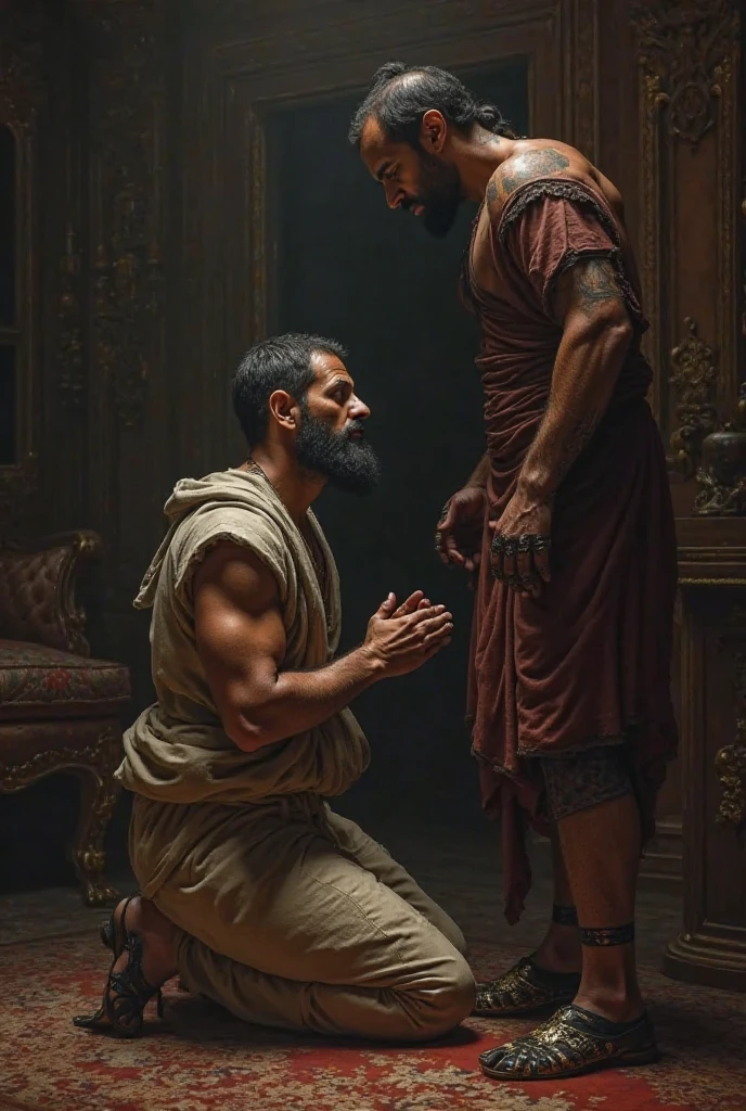 A dark, intense scene inside a dimly lit room where a Greek overseer applies a metal ring around a slave's genitals. The setting is harsh, with the overseer’s stern expression and the slave’s fearful face captured dramatically.