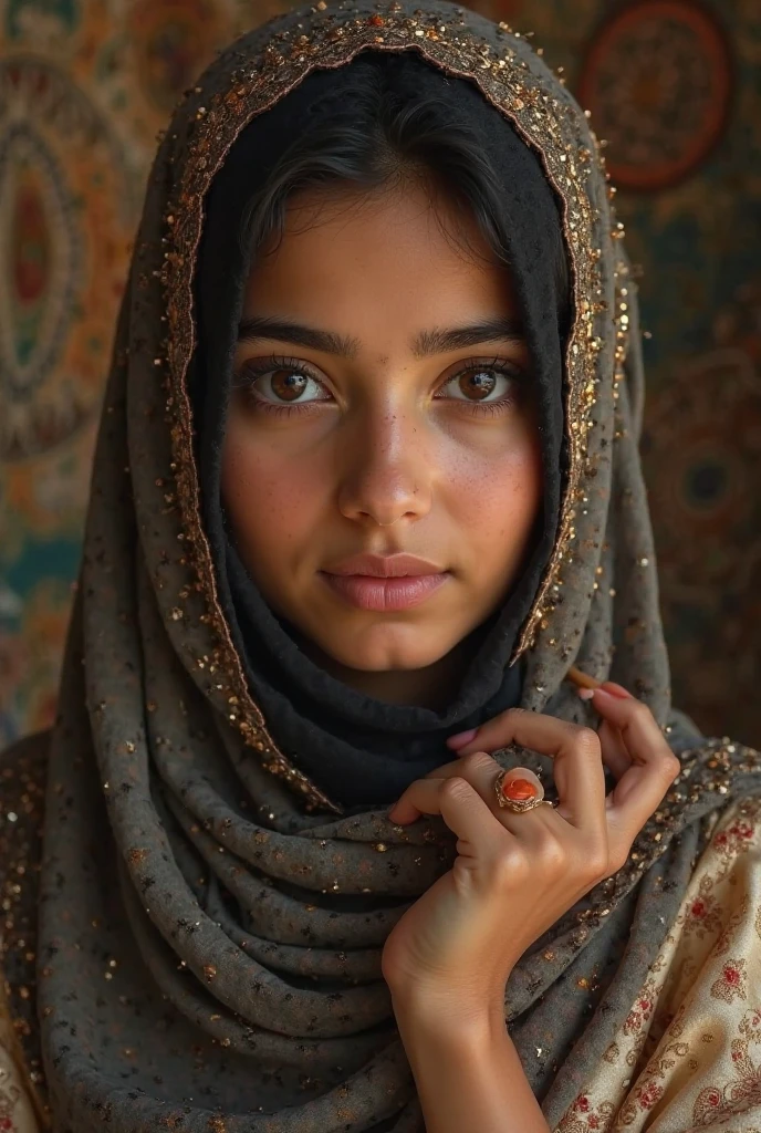 (ultra-realistic),(realistic:1.37),(best quality,highres:1.2),vibrant colors,detailed facial features,beautiful eyes,lovely face,focused gaze,caramel skin,veiled Muslim woman,girl in her mid twenties,gently lit,portrait photography