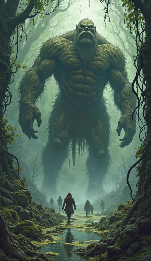 A silhouette of a farmer desperately running away from a Slime Ghoul. The farmer's figure is smaller and frantic, while the Slime Ghoul, towering at 2 meters tall, looms menacingly behind him. The scene is set in a dark, eerie swamp with twisted trees and murky water, illuminated by the dim, moonlit night. The contrasting silhouettes create a sense of danger and urgency, capturing the dramatic chase in the ominous swamp.そして pugmodering moor-dwelling reptilian creature with regorbified skin painted in striking patterns, They rush to hunt (Colorful Hypnoferns:1.2) And the (Otherworldly:1.1) Jollibified Flora (Mysterious Swamp:1.2) Floating in a mysterious mist (dream-like:1.1) Hardbroom Planetary Habitat VII Absurd, masterpiece, Award-winning photography, Volumetric lighting, Very detailed, Highest quality photos, RAW Photos, 16K resolution, Fujifilm XT3, Realistic Skin, Detailed face, pores, Wrinkle, Extreme skin details, Sharp focus, Realistic texture