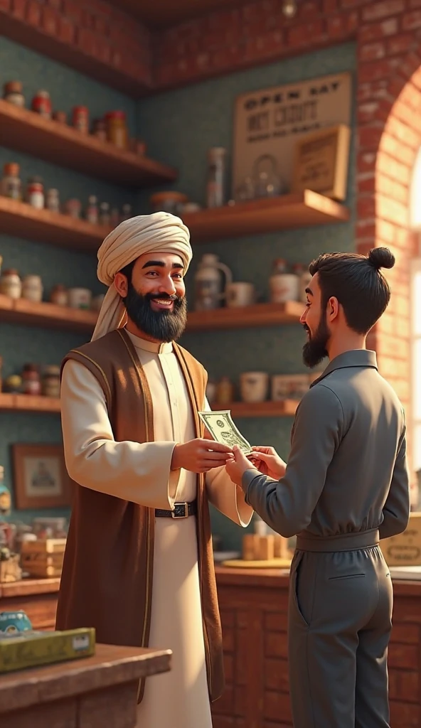 An Arab sheikh is giving a handkerchief to the owner of a goldsmith's shop, and there are two goldsmith shops, and the shop is built according to modern standards, and beautiful necklaces are lying behind them.