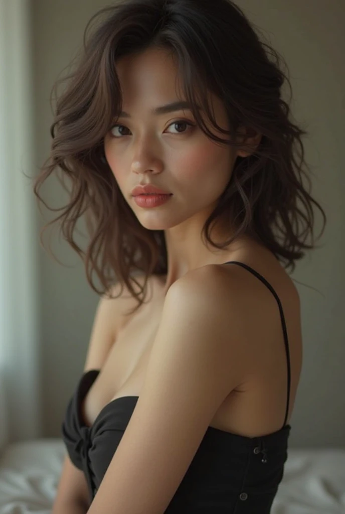 (Best quality,8k,high resolution,masterpiece:1.2),Digital Artwork, A girl，Delicate face，Delicate eyes，Dark brown hair，Short straight hair，Shining amber eyes，Red lips，long skirt，particle，dust，Warm colors，shy，in love，Eevee drawing，(HD skin)，Shallow depth of field，Film photos