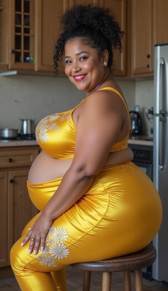 Masterpiece, 16 years old, gorgeous cute nigerianogirl, smirk, freckles, (dark skin:1.6l, metallic gold sports bra, metallic gold bikini, booty shorts, wet skin, red hair, freckles, facing the camera, standing, pregnant belly, chubby, black fishnet stockings