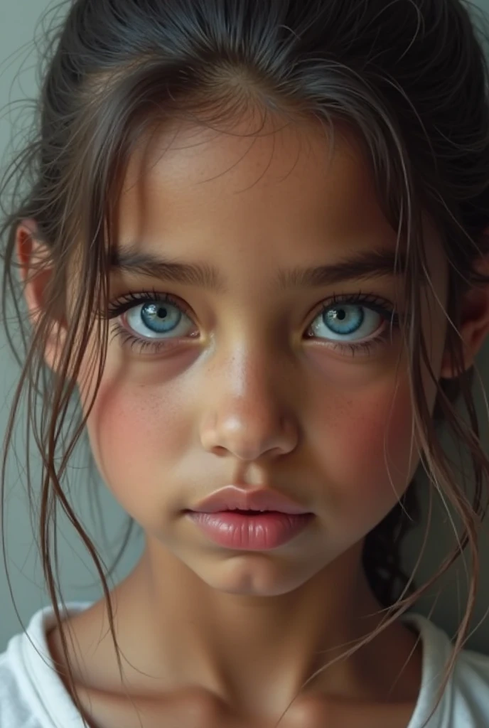 A ten-year-old girl, schwarze leicht lockige Haare, braune Augen, schaut direkt in die Kamera, close-up, sehr trauriger Gesichtsausdruck, traumatisiert, geschockt, weint,