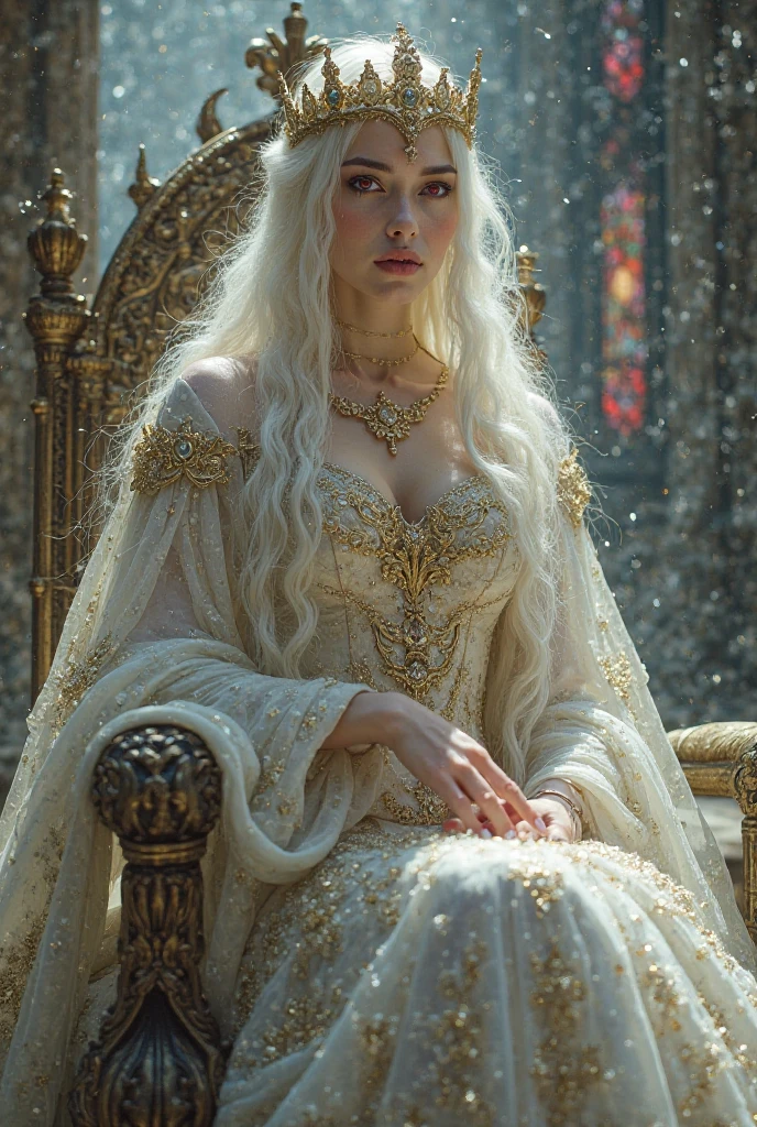 A mean princess with long white hair and gold eyes