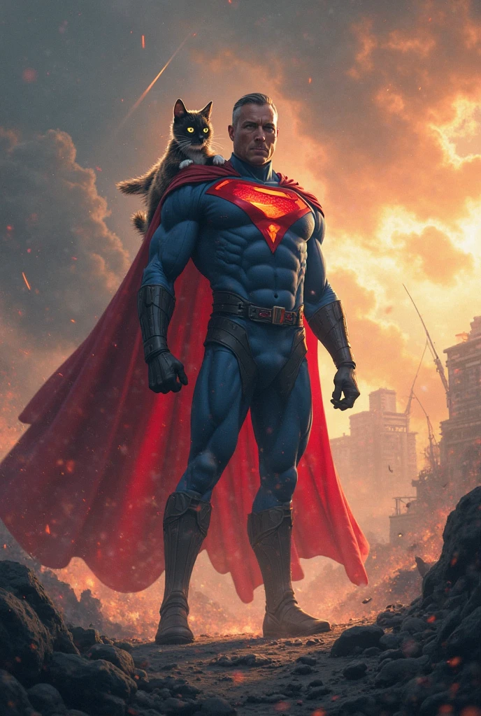<lora:Al3xross:1>,Al3xross,lifelike superhero illustrations,fire,car explosions,city street,superhero holding a puppy,highly detailed,realistic style,dynamic lighting,vibrant colors,powerful pose,iconic costume,